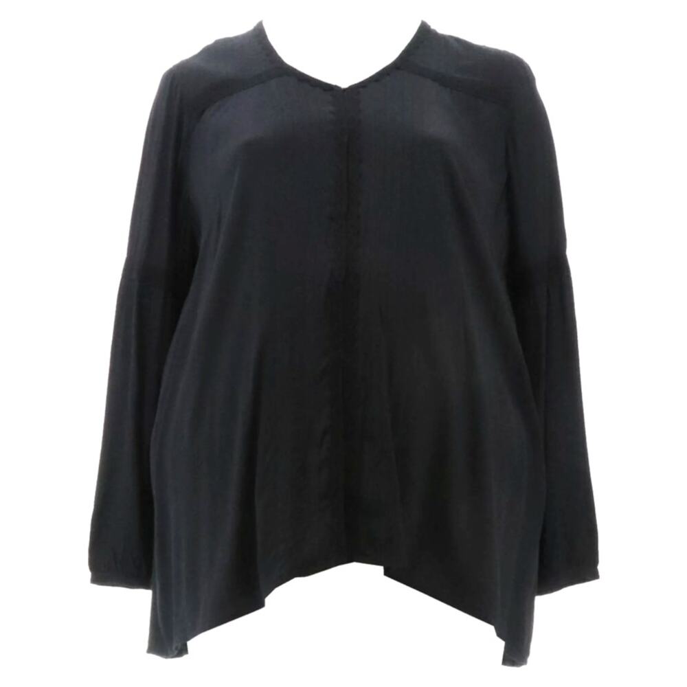 SKU 1619 LOGO Lavish Lori Goldstein Woven Crepe Crochet Trim Top Black XS NWT